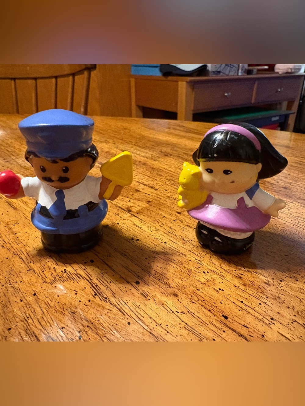 Set of two little people figurines, crossing guard and girl with cat, 21/2 inche